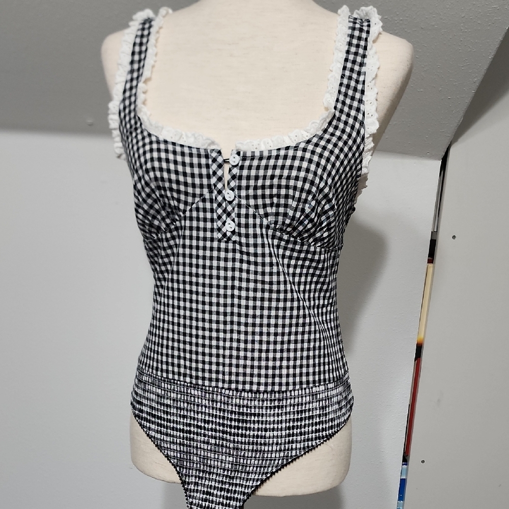 ☀️Free People Cassie Gingham Women's Smocked Bodysuit NWOT, Small - Picture 2 of 14